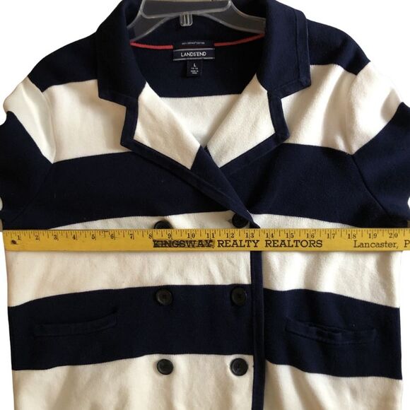 Lands End Nautical Stripe Cardigan Jacket Womens L Double Breasted Navy Cotton - Picture 9 of 13